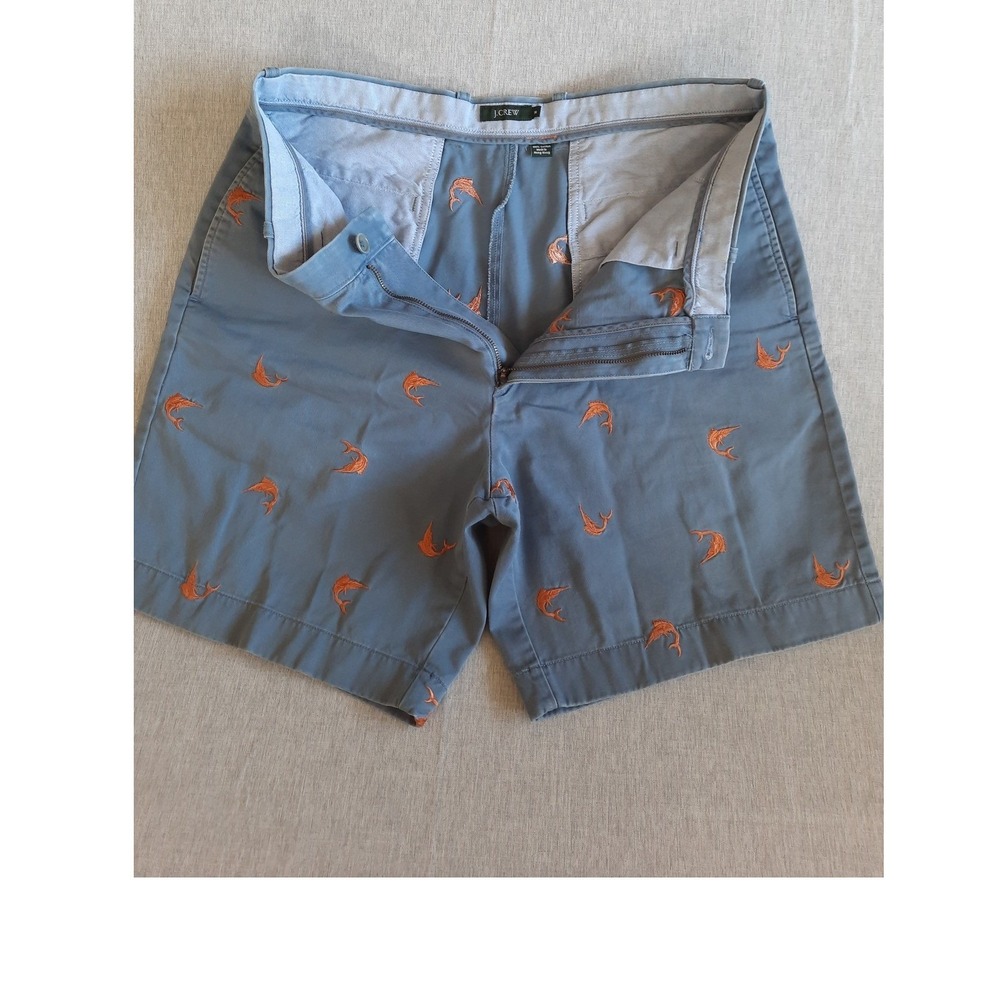 J. Crew Mens 36 Embroidery Animal Fish Logo Allover Flat Front Short Pure Cotton
